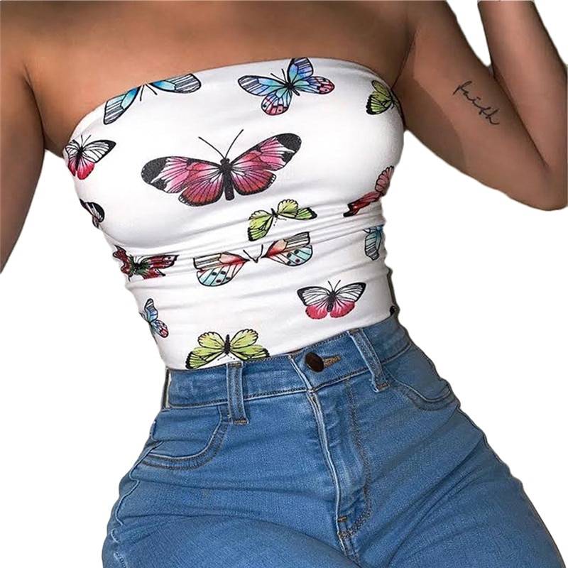 Butterfly Crop Top - Kawaii Stop - Butterfly, Camis &amp; Tops, Clubwear, Cotton, Crop, Crop Top, Cute, Fashion, Harajuku, Off Shoulder, Polyester, Print, Sexy, Strapless, Streetwear, Styled, Top, Tops &amp; Tees, Tube, Tube Tops, Women's Clothing &amp; Accessories