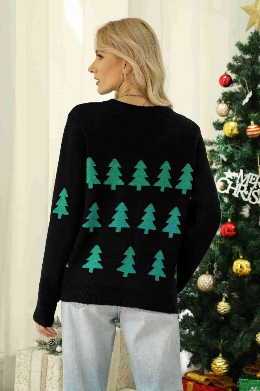 Christmas Tree Round Neck Ribbed Trim Sweater - Kawaii Stop - Casual, Christmas, Christmas Outfit, Christmas Tree Design, Comfortable, Cozy Winter Clothing, Fashion, Festive Attire, Festive Wear, Gift Idea, Holiday Fashion, Seasonal Wardrobe, Ship From Overseas, Stylish Apparel, Trendy, Unique Design, Winter Style, Yh