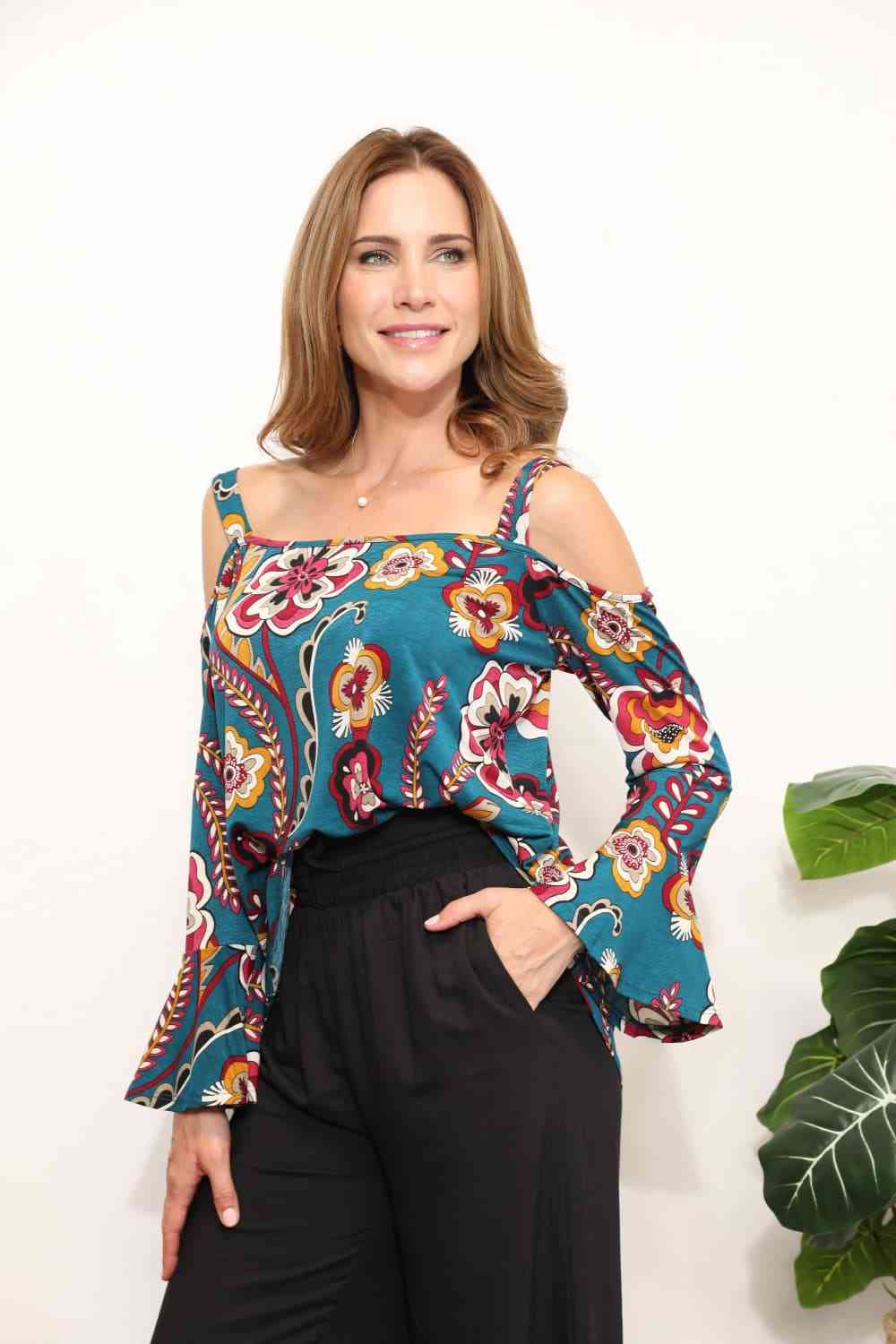 Full Size Floral Cold Shoulder Blouse - Kawaii Stop - Black Friday, Breathable Fabric, Casual Chic, Cold Shoulder Design, Dressy Ensemble, Effortless Elegance, Elegant Clothing, Fashion Must-Have, Feminine Charm, Flare Sleeves, Floral Blouse, Lightweight Top, Modern Style, Nature-Inspired, Opaque Top, Sew In Love, Ship from USA, Sizes for Everyone, Stylish Wardrobe, Versatile Fashion, Wardrobe Upgrade