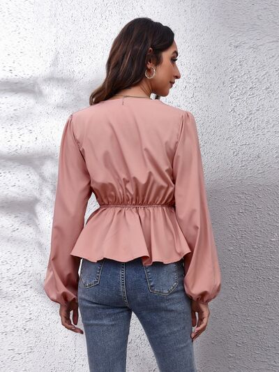 V-Neck Balloon Sleeve Peplum Blouse - Kawaii Stop - B&S, Blouse, Classic Style, Effortlessly Chic, Elegance, Fashion, Office Wear, Opaque, Peplum Silhouette, Polyester, Relaxed Fit, Ship From Overseas, Stylish, Timeless Appeal, V-Neck, Women's Clothing