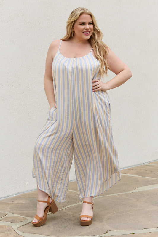 Full Size Multi Colored Striped Jumpsuit with Pockets - Kawaii Stop - HEYSON, Off-Season Mega Sale, Plus Size Jumpsuit, Pull-On Design, Ship from USA, Striped Jumpsuit, Wide-Leg Silhouette, Women's Jumpsuit