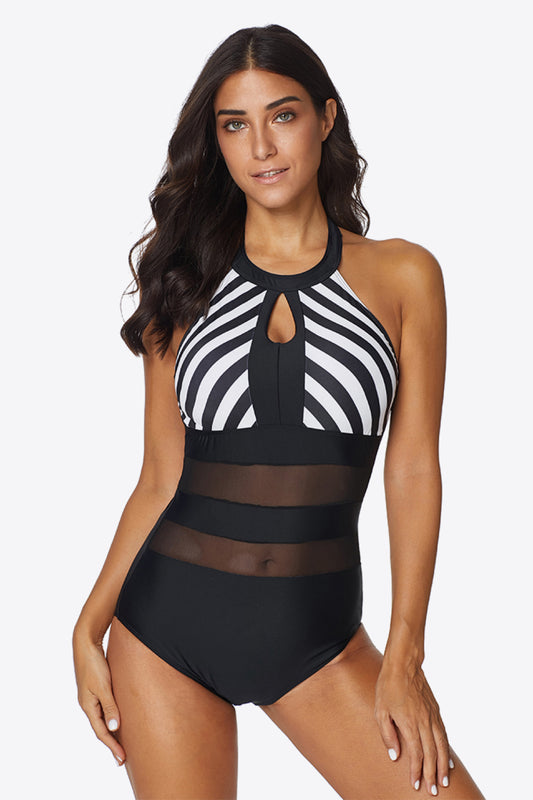 Striped Cutout Spliced Mesh Halter Neck One-Piece Swimsuit - Kawaii Stop - Beach Beauty, Beach Confidence, Beach Fashion, Beachside Glamour, Fashion Forward, Halter Neck, One Piece Swimsuit, One Piece Swimsuits, Poolside Chic, Ship From Overseas, Shipping Delay 09/29/2023 - 10/04/2023, Striped Elegance, Striped Pattern, Summer Vibes, Swimwear, Z&Y