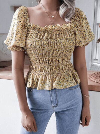 Frill Smocked Square Neck Short Sleeve Blouse - Kawaii Stop - B.J.S, Charming, Feminine Style, Frill Detail, Polyester, Ship From Overseas, Shipping delay February 6 - February 17, Short Sleeve Blouse, Size Inclusivity, Smocked Neck, Versatile Piece, Women's Fashion