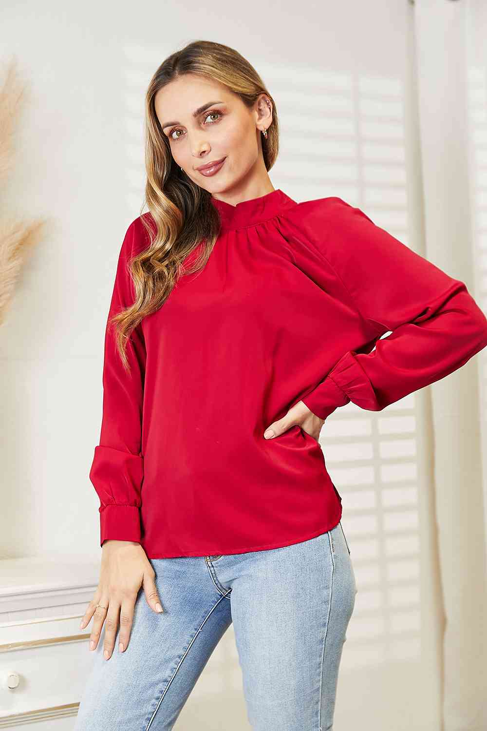 Cutout Gathered Detail Mock Neck Top - Kawaii Stop - Cutout Detail, Double Take, Easy Care, Gathered Detail, Mock Neck Top, Modern Style, Ship from USA, Solid Color, Versatile, Women's Fashion
