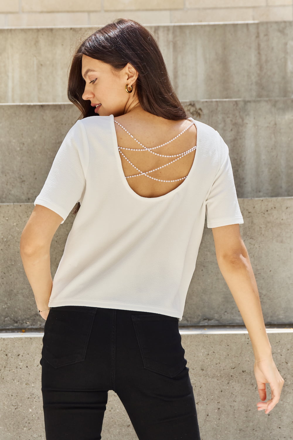 Pearly White Full Size Criss Cross Pearl Detail Open Back T-Shirt - Kawaii Stop - And The Why, Black Friday, Breathable Comfort, Chic Style, Elegant T-Shirt, Luxurious Details, Modern Elegance, Pearl Embellishments, Ship from USA, T-Shirt, T-Shirts, Tee, Trendy Fashion, Women's Clothing, Women's Top
