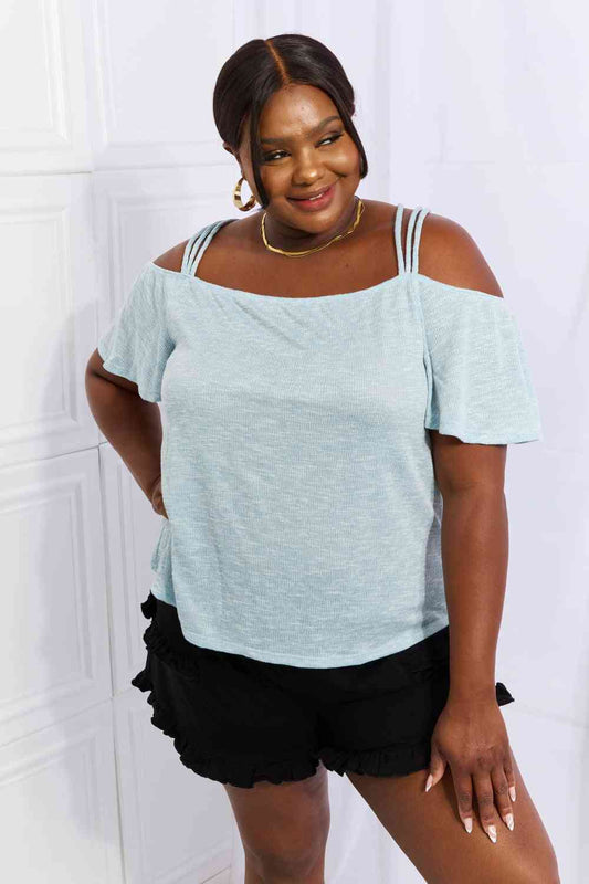 On The Move Full Size Off The Shoulder Flare Sleeve Top in Ice Blue