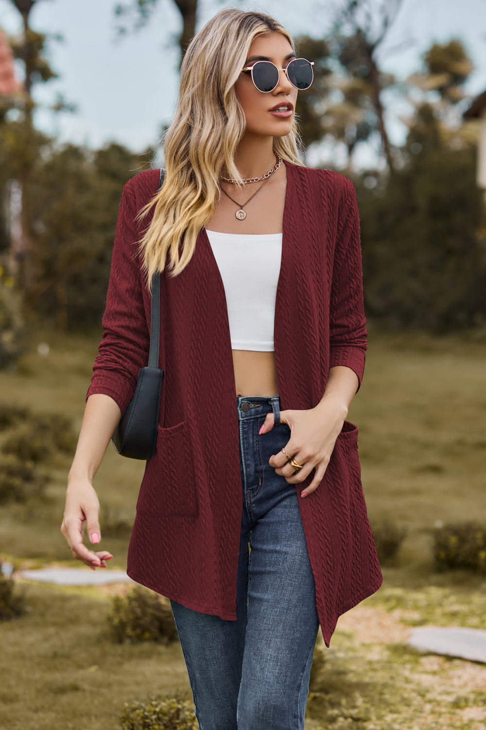 Cable-Knit Long Sleeve Cardigan with Pocket - Kawaii Stop - Cable-Knit, Cardigan, Cardigans, Casual Style, Open Front, Pocketed, Ship From Overseas, Shipping Delay 09/29/2023 - 10/02/2023, Slightly Stretchy, Versatile Fashion, Women's Clothing, X&D