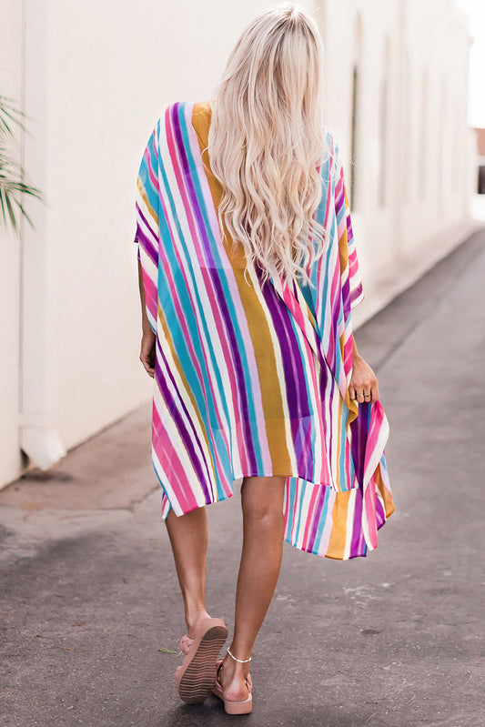 Striped Side Slit Open Front Cardigan - Kawaii Stop - Cardigan, Cardigans, Chic Fashion, Cloak Sleeves, Comfortable Material, Multicolored Stripes, Open Front Cardigan, Ship From Overseas, Side Slits, SYNZ, Women's Clothing