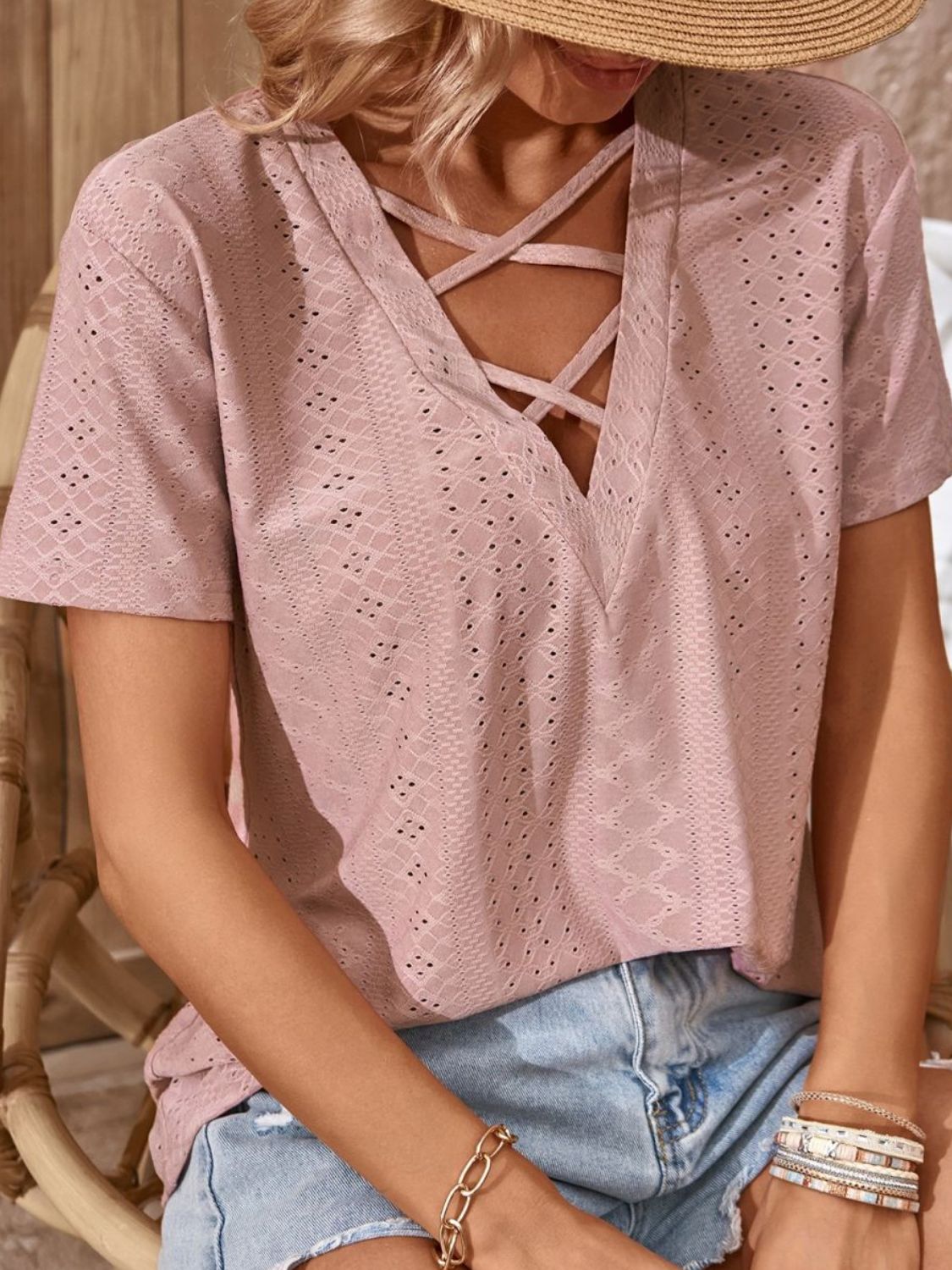 Crisscross V-Neck Eyelet Top - Kawaii Stop - Bigh, Casual Chic, Contemporary Wardrobe Must-Have., Cozy and Stylish, Elegant Silhouette, Everyday Comfort, Eyelet Detail, Machine Washable, Modern Woman's Essential, Ship From Overseas, Shipping Delay 09/29/2023 - 10/03/2023, Solid Pattern, Stylish Versatility, T-Shirt, T-Shirts, Tee, Trendy Eyelet Top, V-Neck Top, Women's Clothing, Women's Top