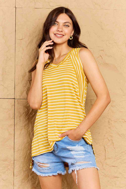 Talk To Me Full Size Striped Sleeveless V-Neck Top - Kawaii Stop - Casual Style, Classic Design, Comfortable Fit, Contemporary Twist, Doublju, Everyday Elegance, Modern Charm, Ship from USA, Sleeveless Top, Striped Pattern, Stylish Layer, Timeless Piece, V-Neck Top, Versatile Fashion, Wardrobe Essential, Women's Clothing