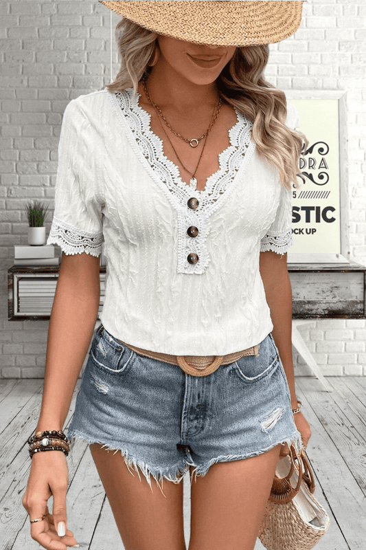 Buttoned V-Neck Lace Trim T-Shirt - Kawaii Stop - Chic V-Neck T-Shirt, Cropped Length, Decorative Buttons, J&Y, Lace Trim, Ship From Overseas, Shipping Delay 09/29/2023 - 10/03/2023, Stylish Solid Pattern, T-Shirt, T-Shirts, Tee, Women's Clothing, Women's Fashion, Women's Top