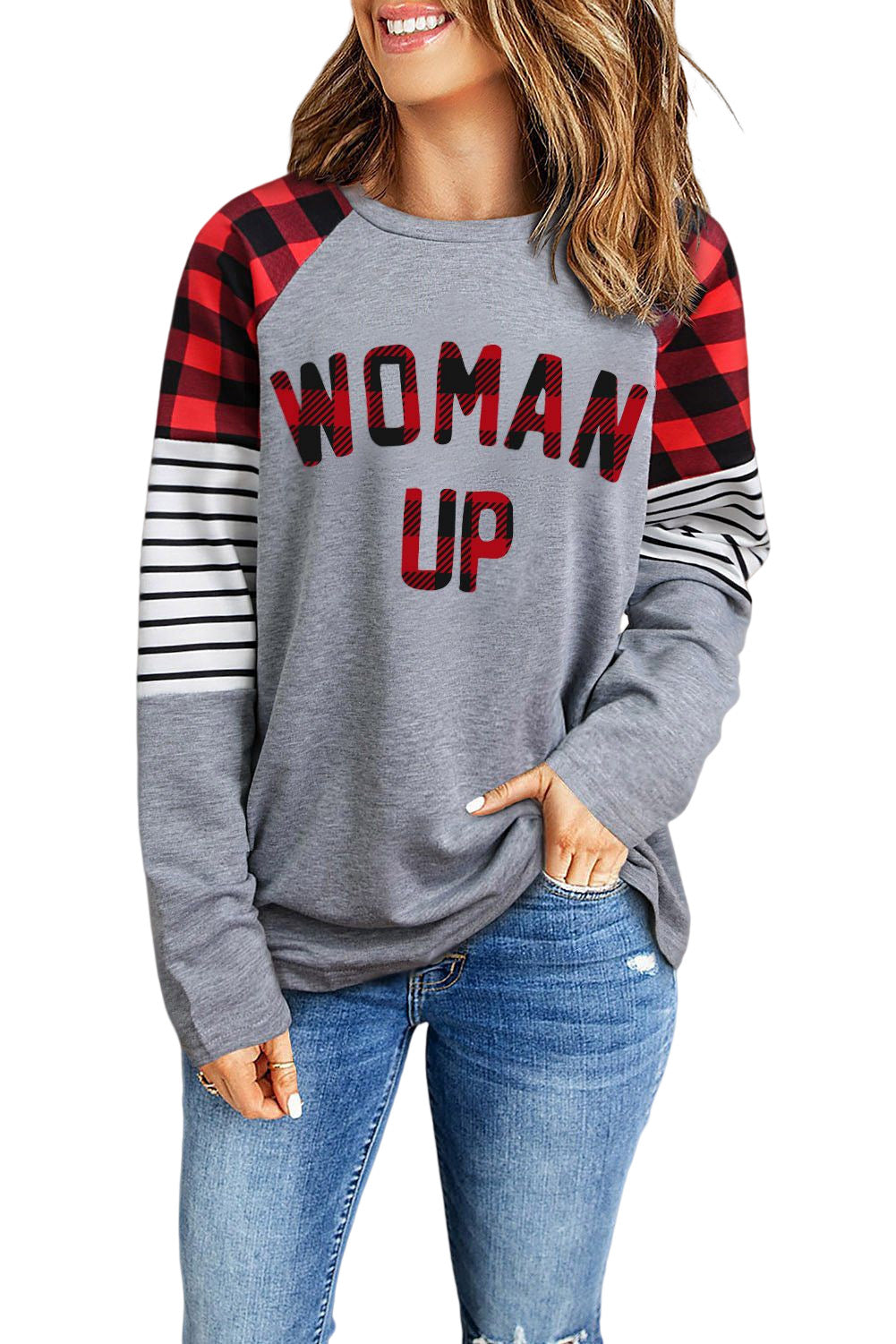 WOMAN UP Plaid Striped Raglan Sleeve Top - Kawaii Stop - Kawaii Shop