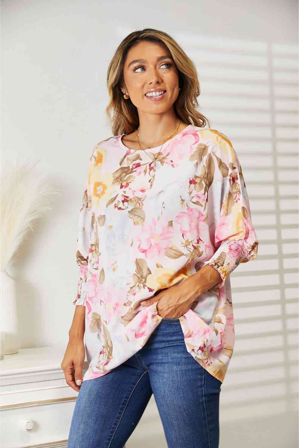 Floral Round Neck Three-Quarter Sleeve Top - Kawaii Stop - Double Take, Dress Up or Down, Elegant Look, Fashionable Top, Floral Three-Quarter Sleeve Top, Pop of Color, Round Neck Blouse, Ship from USA, Statement Piece, Stylish Apparel, Versatile Style, Vibrant Fashion, Women's Clothing