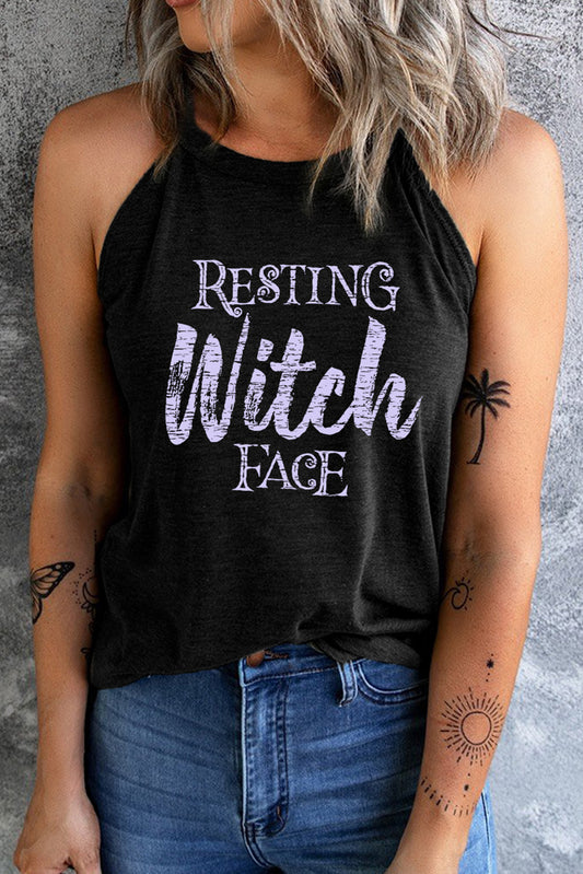 Round Neck RESTING WITCH FACE Graphic Tank Top - Kawaii Stop - Casual Style, Comfortable, Fashion Forward, Graphic Tank Top, Halloween, Humor, Must-Have, Playful, Polyester Spandex Blend, RESTING WITCH FACE, Round Neck, Ship From Overseas, Sleeveless, Statement Piece, Stretchy, SYNZ, Trendy Look, Versatile, Witchy Vibes, Women's Clothing