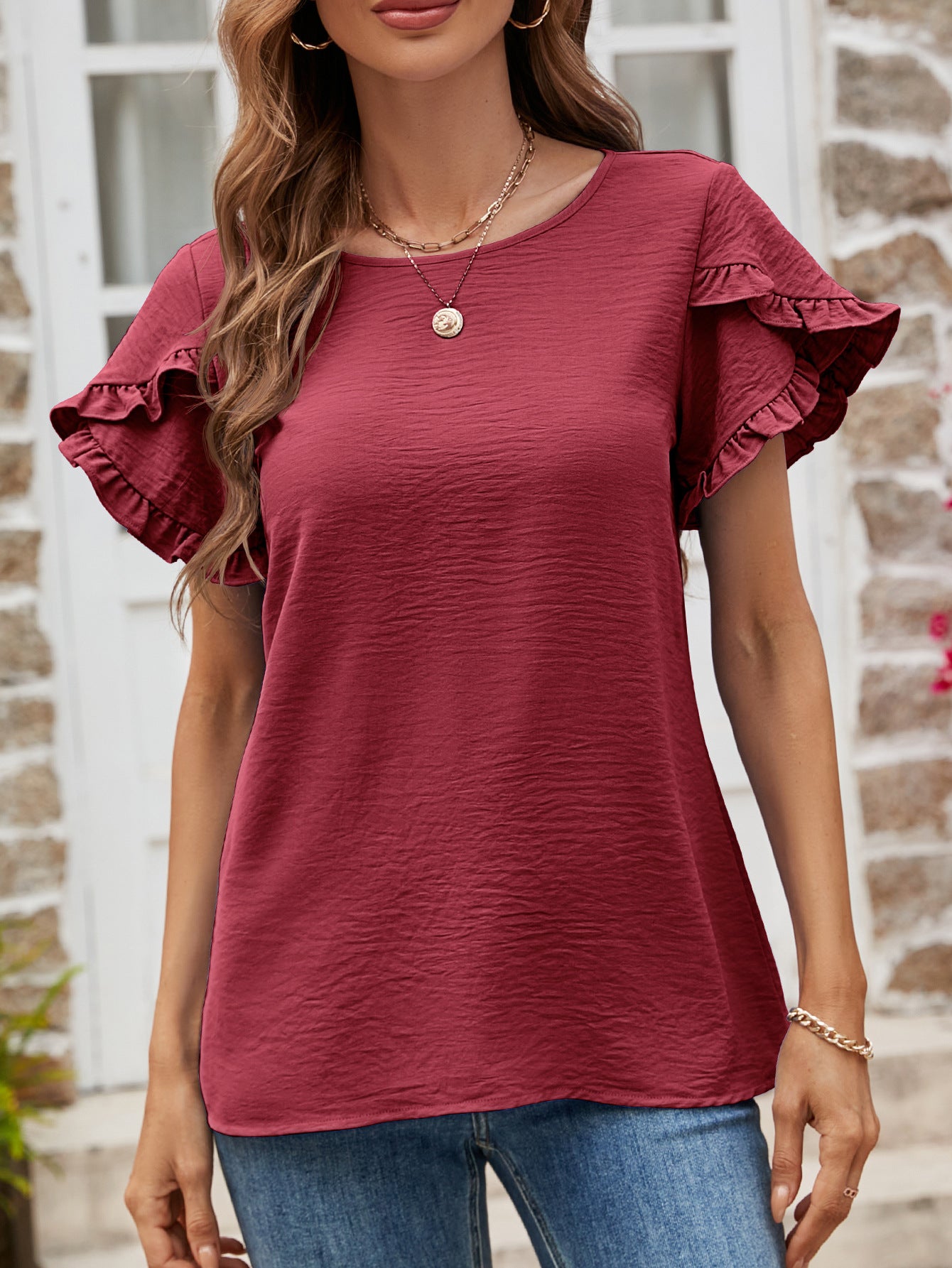 Textured Petal Sleeve Round Neck Tee - Kawaii Stop - Casual-Chic Style, Changeable, Everyday Wear, Imported Fashion, Petal Sleeve Detail, Round Neck Tee, Ship From Overseas, Soft Polyester, Stylish and Comfortable, T-Shirt, T-Shirts, Tee, Textured Fabric, Women's Clothing, Women's Top