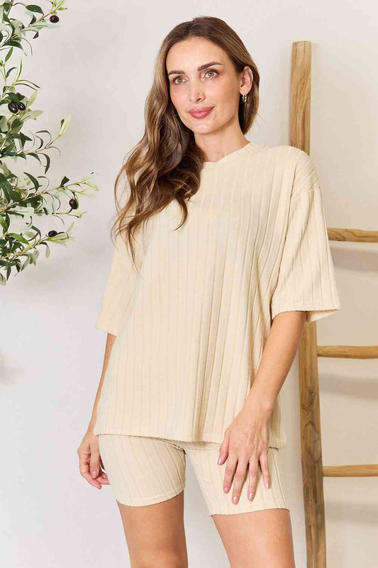 Ribbed Round Neck Top and Shorts Lounge Set - Kawaii Stop - Active Lifestyle, Basic Bae, Casual Comfort, Classic Design, Comfortable Outfit, Coordinated Look, Effortless Chic, Fashionable Coziness, Fashionable Leisurewear, Lounge in Luxury, Lounge Set, Opaque Fabric, Premium Quality, Relax in Style, Ribbed Texture, Ship from USA, Sophisticated Lounge Attire, Stylish Relaxation, Trendy Casual Wear, Trendy Loungewear
