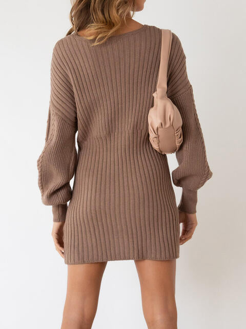Surplice Neck Long Sleeve Sweater Dress - Kawaii Stop - Basic Style Dress, Cable-Knit Dress, Casual Dress, Classic Dress, Cozy Dress, Long Sleeve Dress, M@Y@H, Polyester Dress, Ship From Overseas, Slightly Stretchy Dress, Sweater Dress, Winter Dress, Women's Fashion