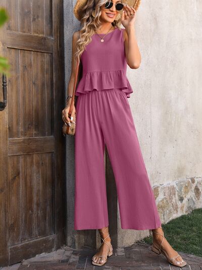 Ruffled Round Neck Tank and Pants Set - Kawaii Stop - Breathable Fabric, Casual Elegance, Coordinated Look, Early Spring Collection, Fashion Forward, Feminine Style, Lightweight Wear, Mandy, Ruffled Details, Ship From Overseas, Tank and Pants Set, Two-Piece Ensemble