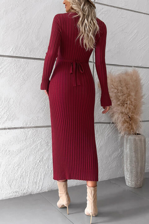 V-Neck Long Sleeve Ribbed Sweater Dress - Kawaii Stop - Chic Ensemble, Comfortable Wear, Cozy Chic, DY, Easy Maintenance, Fashion Forward, Fashionista's Choice, Highly Stretchy, Long Sleeve Dress, Must-Have Dress, Opaque Sheer, Ship From Overseas, Sweater Dress, Timeless Design, V-Neck Dress, Versatile Fashion