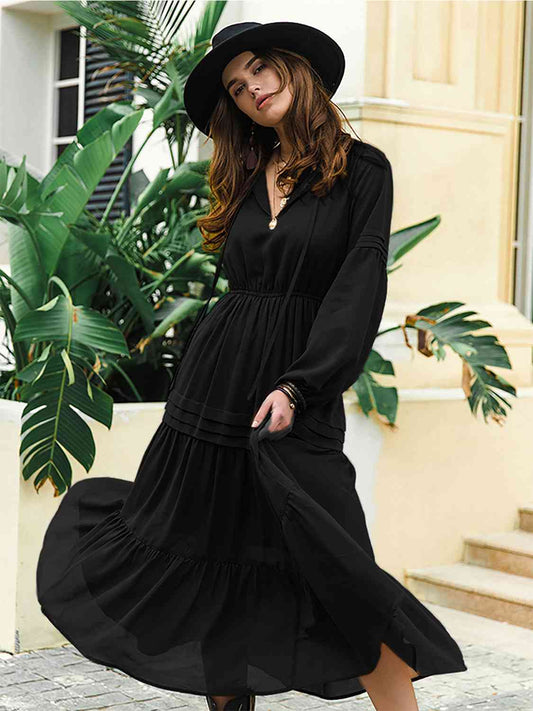 Tie Neck Long Sleeve Midi Tiered Dress - Kawaii Stop - Basic Style, Chic Dress, Confidence Booster, Effortless Elegance, Fashion Forward, H.R.Z, Long Sleeves, Midi Dress, Must-Have Dress, Opaque Sheer, Ship From Overseas, Tiered Design, Timeless Beauty, Women's Clothing