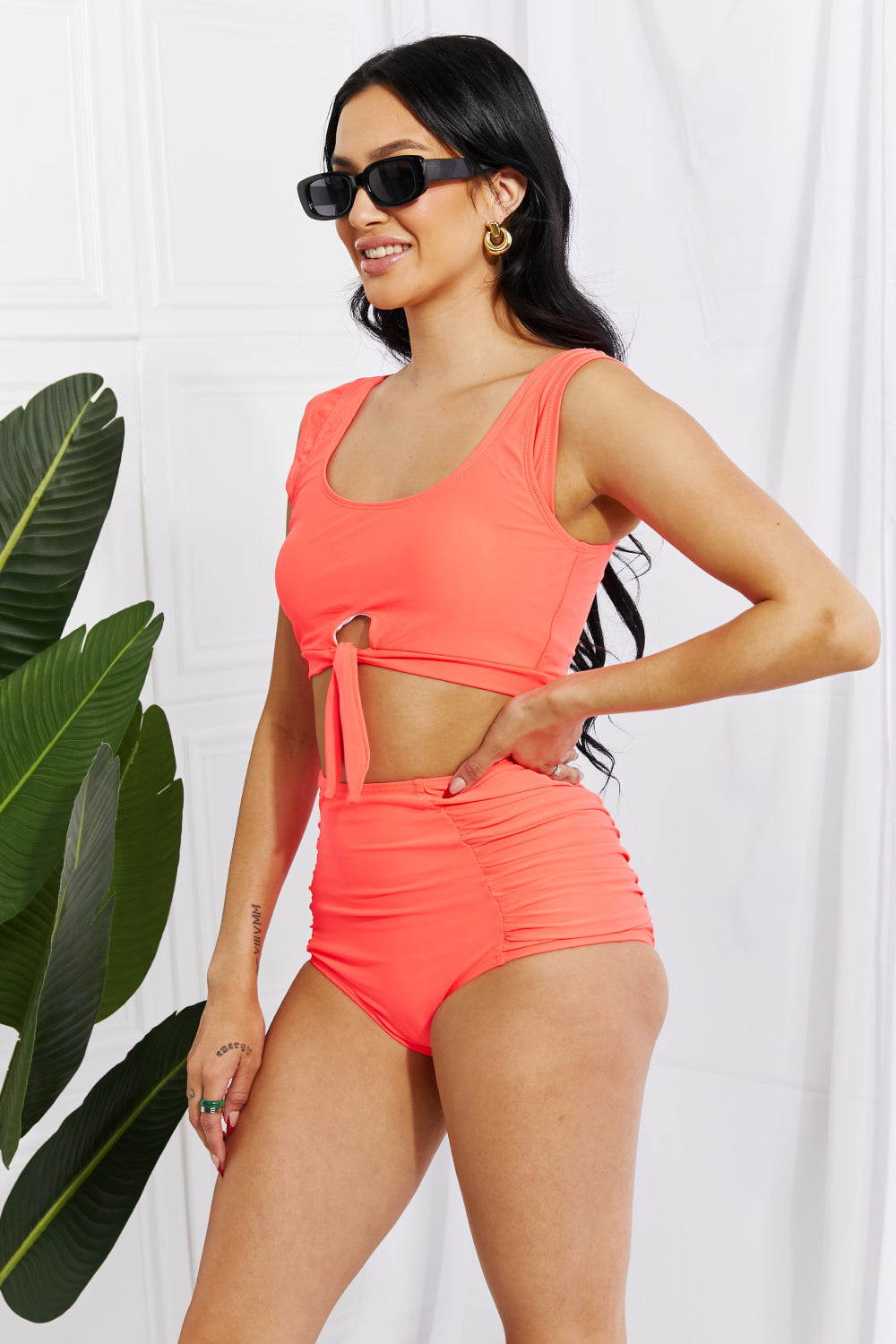 Sanibel Crop Swim Top and Ruched Bottoms Set in Coral - Kawaii Stop - Beach Beauty, Beach Fashion, Beachwear, Chic Bikini, Crop Swim Top, Customizable Fit, Marina West Swim, Polyester Spandex Blend, Retro Style, Ruched Bottoms, Scoop Neckline, Ship from USA, Solid Pattern, Swim, Swimsuits, Swimwear, Two Piece Swimsuits, Vacation Essentials, Women's Clothing, Women's Swimwear