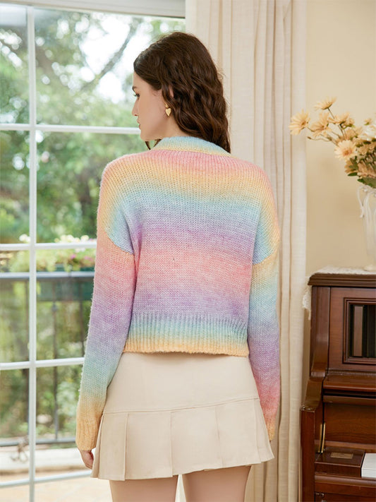 Rainbow Color Cable-Knit Dropped Shoulder Knit Top - Kawaii Stop - Acrylic Material, Blouse, Blouses, Cable-Knit Sweater, Casual Elegance, Chic Outfit, Colorful Knit, Cozy Winter Wear, Dropped Shoulder, Fashion Essentials, Fashionable Stripes, HS, Long Sleeve, Rainbow Knit Top, Round Neck, Seasonal Fashion, Ship From Overseas, Stylish Wardrobe, Trendy Top, Wardrobe Must-Have, Winter Fashion, Women's Clothing, Women's Knitwear