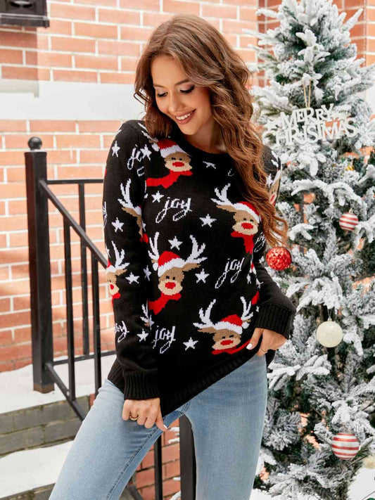 Reindeer Round Neck Sweater - Kawaii Stop - Christmas, Classic Style, Cozy Comfort, Easy Care, Festive Attire, Holiday Cheer, Holiday Fashion, Non-Stretch Fabric, Reindeer Sweater, Round Neck Sweater, Seasonal Fashion, Ship From Overseas, Winter Wardrobe Essential, Women's Sweater, Yh