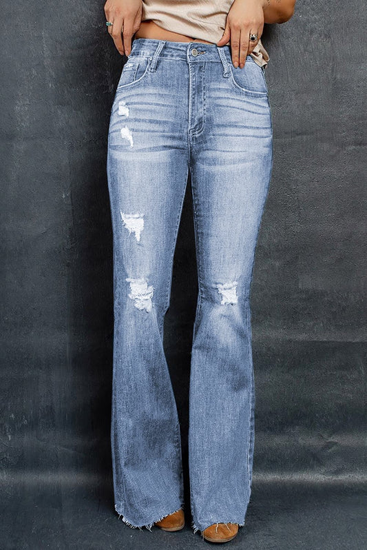 Distressed Raw Hem Flare Jeans - Kawaii Stop - casual style, chic jeans, comfortable fit, cotton blend, distressed jeans, easy care, everyday wear, fashion-forward, Jeans, Jeans for Women, long jeans, must-have attire, Ship From Overseas, statement accessories, SYNZ, trendy fashion, versatile fashion, wardrobe essential, Women's Clothing