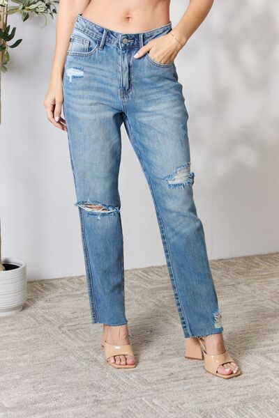 Distressed Raw Hem Straight Jeans - Kawaii Stop - Casual, Comfortable, Confidence Boosting, Easy Care, Edgy, Fashion, Jeans, Judy Blue, Must-Have, Night Out, Rebellious, Ship from USA, Straight Leg Jeans, Style, Versatile, Vintage Charm, Wardrobe Essential, Women's Clothing