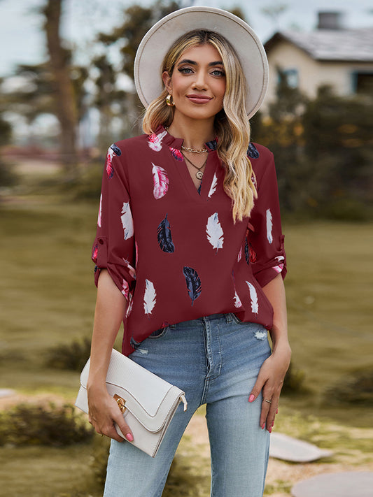 Printed Roll-Tab Sleeve Notched Neck Blouse - Kawaii Stop - Blouse, Blouses, Comfortable Fashion, M.N.Y, Notched Neckline, Printed, Roll-Tab Sleeves, Ship From Overseas, Shipping Delay 09/29/2023 - 10/01/2023, Women's Clothing