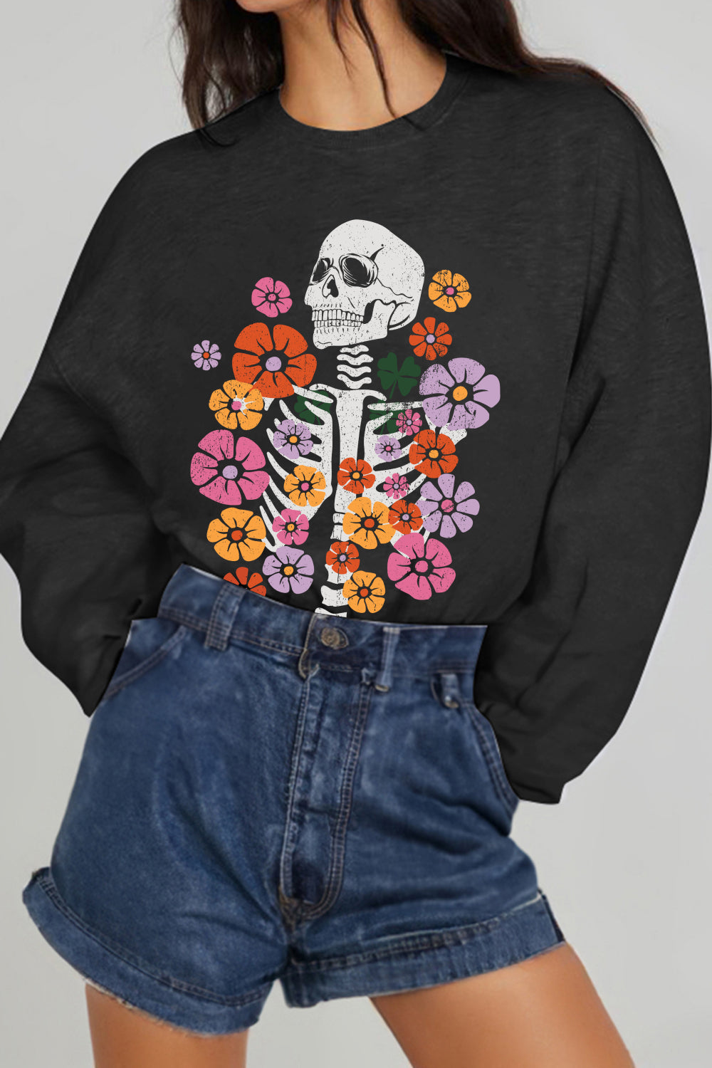 Full Size Flower Skeleton Graphic Sweatshirt - Kawaii Stop - Casual Style, Cotton Polyester Blend, Dropped Shoulders, Flower Skeleton Sweatshirt, Graphic Design, Hand Wash Cold, Hoodies, Imported, Long Sleeve, No Sheer, Ship From Overseas, Shipping Delay 09/29/2023 - 10/04/2023, Simply Love, Slightly Stretchy, Sweatshirts, Women's Clothing