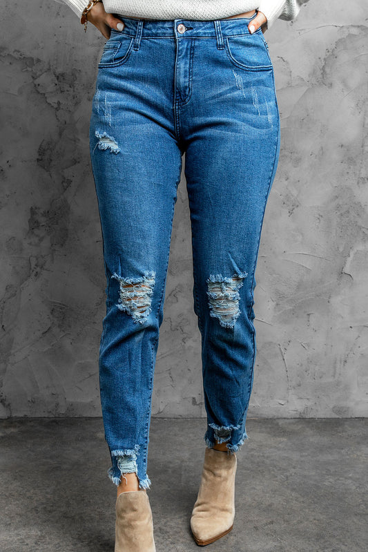 Stylish Distressed Cropped Jeans - Kawaii Stop - Casual Style, Chic and Stylish, Comfortable Fit, Distressed Cropped Jeans, Flattering Cropped Length, Full Size Run, Jeans, Jeans for Women, Ship From Overseas, Slight Stretch, SYNZ, Trendy Distressed Detail, Versatile Solid Pattern, Women's Clothing