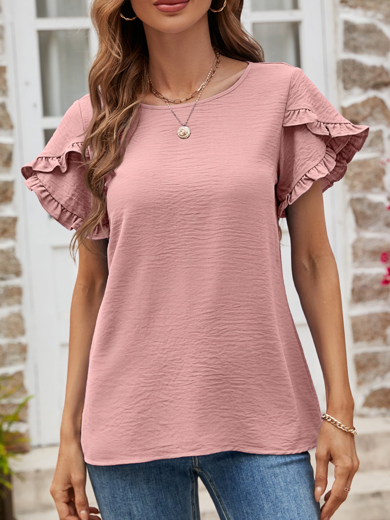 Textured Petal Sleeve Round Neck Tee - Kawaii Stop - Casual-Chic Style, Changeable, Everyday Wear, Imported Fashion, Petal Sleeve Detail, Round Neck Tee, Ship From Overseas, Soft Polyester, Stylish and Comfortable, T-Shirt, T-Shirts, Tee, Textured Fabric, Women's Clothing, Women's Top