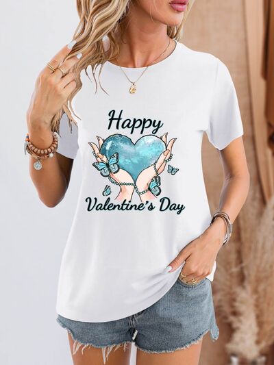 HAPPY VALENTINE'S DAY Round Neck Short Sleeve T-Shirt - Kawaii Stop - Celebrate Love, Comfortable Fit, Early Spring Collection, Easy Care, Fashionable Ensemble, Festive Look, Heart-Shaped Accessories, High-Quality Material, L@W@K, Love and Positivity, Opaque Sheen, Red Sneakers, Round Neck, Ship From Overseas, Shipping delay February 6 - February 16, Special Occasion, Stylish Message, Valentine's Day T-Shirt, Women's Apparel