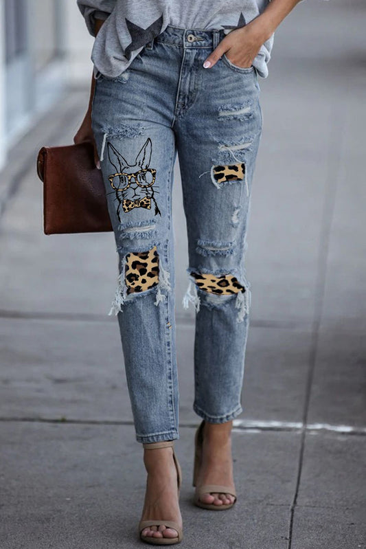 Easter Leopard Patch Bunny Graphic Jeans - Kawaii Stop - Baeful, Casual style, Chic fashion, Comfortable jeans, Cropped jeans, Distressed jeans, Easter jeans, Easy care jeans, Fashion-forward look, High-quality materials, Jeans, Jeans for Women, Leopard print, Machine washable jeans, Ship From Overseas, Spring fashion, Statement jeans, Stylish denim, Trendy outfit, Tumble dry low, Unique design, Women's fashion