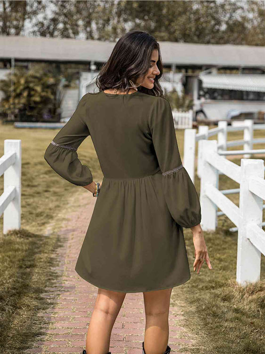 Notched Balloon Sleeve Mini Dress - Kawaii Stop - Balloon Sleeves, Chic Dress, Classic Style, Confidence Booster, Elegant Fashion, Fashion Forward, H.R.Z, Mini Dress, Must-Have Dress, Sheer Opaque, Ship From Overseas, Structured Fit, Timeless Beauty, Women's Clothing