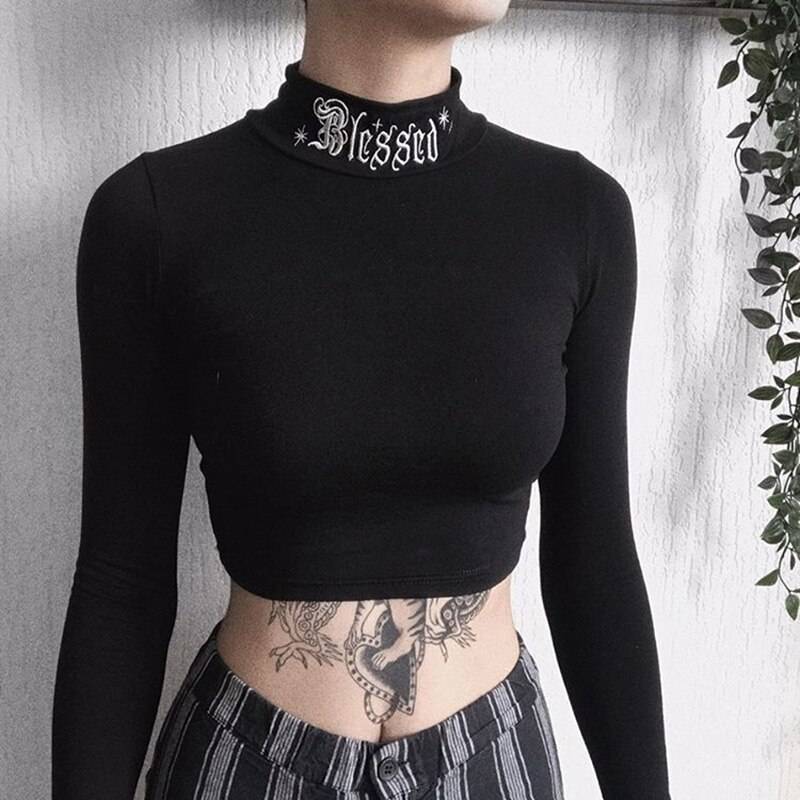 "Blessed" Goth Crop Top - Kawaii Stop - Adorable, Autumn, Basic, Black, Blessed, Bodycon, Broadcloth, Camis &amp; Tops, Casual, Crop Top, Cute, Embroidery, Fashion, Female, Gothic, Harajuku, Japanese, Kawaii, Korean, Lady, Letter, Long Sleeve, Luxury, Polyester, Punk, Retro, Skinny, Solid, Street Fashion, Streetwear, T-Shirts, Tees, Top, Tops, Tops &amp; Tees, Turtleneck, Vintage, Winter, Women, Women's Clothing &amp; Accessories