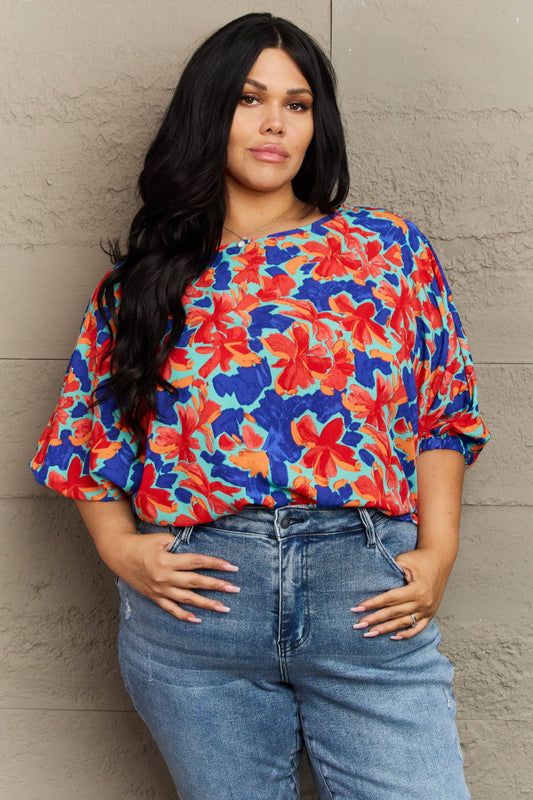 New Season Plus Size Floral Blouse - Kawaii Stop - Captivating Pattern, Comfortable, Confidence, Fashion, Floral Blouse, Hailey & Co, Made in USA, Plus Size, Premium Fabric, Puff Sleeves, Round Neck, Ship from USA, Style., Versatile, Vibrant, Women's Clothing, Women's Fashion