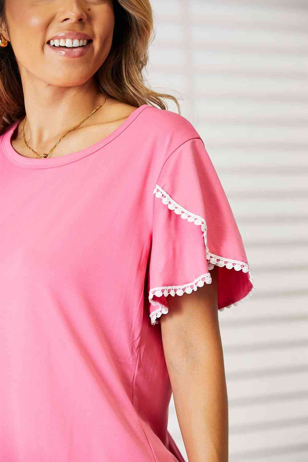 Pom-Pom Trim Flutter Sleeve Round Neck T-Shirt - Kawaii Stop - Double Take, Easy Care, Flutter Sleeve Tee, Machine Wash, Opaque Fabric, Playful Design, Ship from USA, Size Chart, Stylish Women's Clothing, Tumble Dry, Women's Fashion
