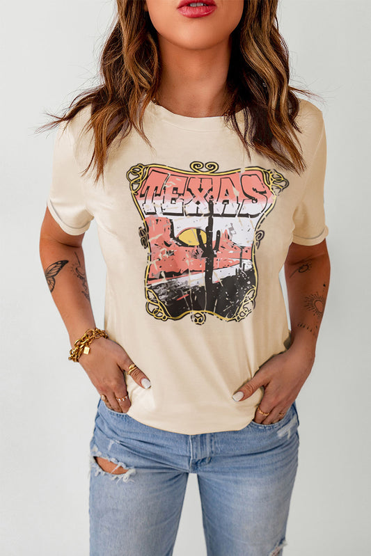TEXAS Graphic Cuffed Tee Shirt - Kawaii Stop - Casual Style, Cuffed Tee Shirt, Everyday Wear, Graphic Print, Imported Fashion, Lone Star State, Round Neck, Ship From Overseas, Slightly Stretchy, SYNZ, T-Shirt, T-Shirts, Tee, TEXAS Graphic, Women's Clothing, Women's Top