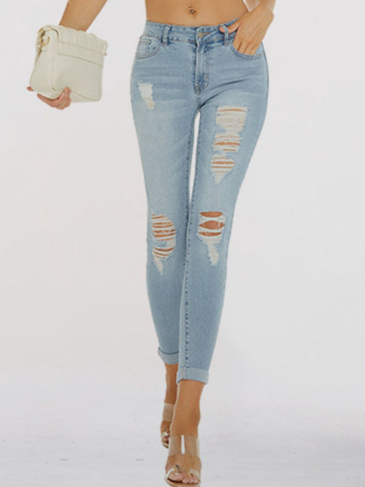 Distressed Skinny Cropped Jeans - Kawaii Stop - B.X@Denim, Casual Style, Cropped Jeans, Distressed Jeans, Easy Care, Fashionable Attire, Jeans, Jeans for Women, Moderate Stretch, Ship From Overseas, Stylish and Comfortable, Trendy Look, Women's Clothing