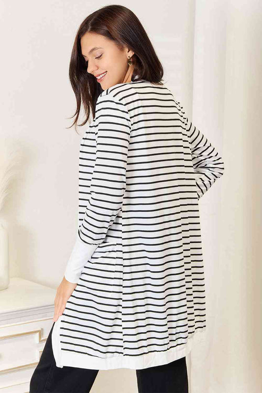 Striped Open Front Longline Cardigan - Kawaii Stop - Cardigan, Double Take, Everyday Sophistication, Fashion-Forward, Longline, Must-Have Fashion, Opaque, Open Front, Polished Look, Polyester Blend, Ship from USA, Striped, Timeless Elegance, Versatile