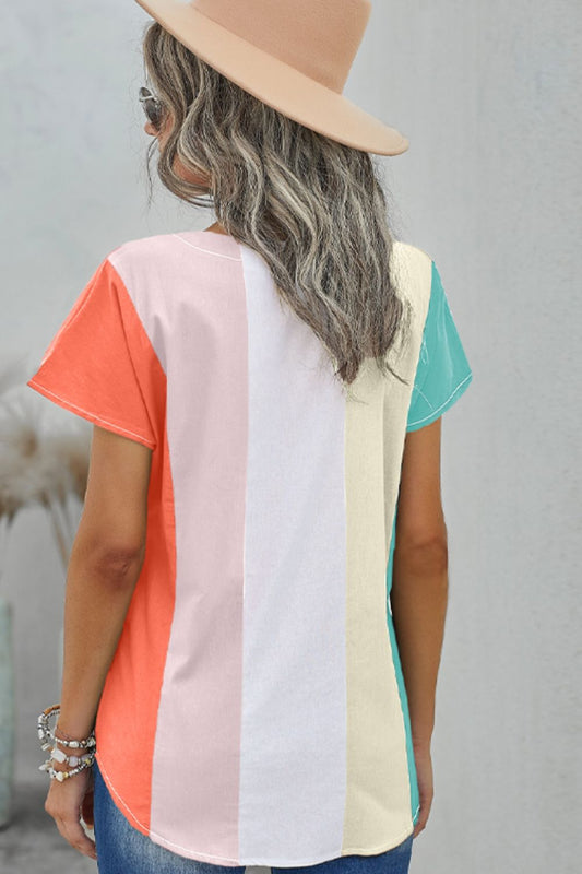Color Block V-Neck Short Sleeve Top - Kawaii Stop - Basic Style, Casual Chic, Chic Wardrobe, Color Block, Everyday Style, Fashionista's Choice, Moderate Stretch, Ship From Overseas, Short Sleeve Top, Stylish Design, SYNZ, T-Shirt, T-Shirts, Tee, Trendy Look, V-Neck, Versatile Top, Women's Clothing, Women's Top