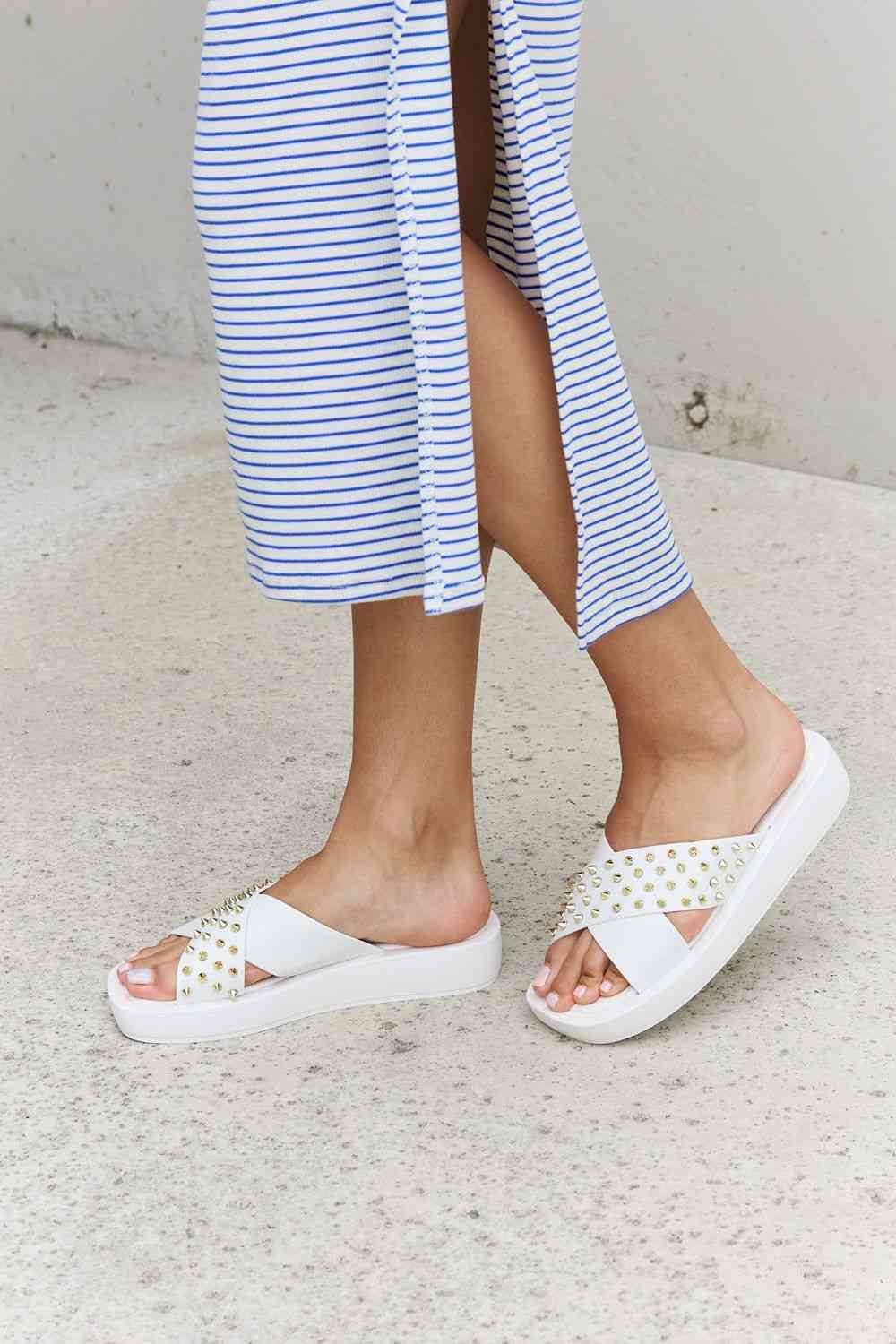 Studded Cross Strap Sandals in White - Kawaii Stop - Casual Style, Chic Comfort, Cross Strap Design, Faux Leather, Flat Heels, Flats, Forever Link, Modern Sophistication, Ship from USA, Slippers