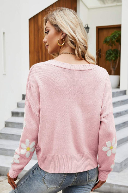 Floral Ribbed Trim Drop Shoulder Cardigan - Kawaii Stop - Acrylic Material, Cardigan, Cardigans, Casual Chic, Comfortable Fit, Drop Shoulder, Durable Design, Easy Care Instructions, Floral Cardigan, Imported Fashion, Long Sleeve, Must-Have Apparel, Ribbed Trim, Ship From Overseas, V-Neck, Women's Clothing, Yh