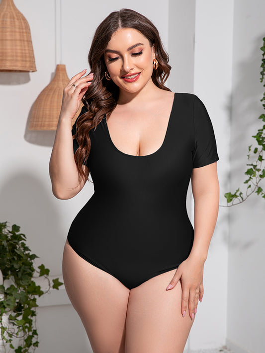 Plus Size Scoop Neck Short Sleeve One-Piece Swimsuit - Kawaii Stop - Beach Style, One Piece Swimsuit, One Piece Swimsuits, One-Piece Swimwear, Plus Size Chic, Plus Size Fashion, Polyester and Spandex, Roman, Scoop Neck Swimsuit, Ship From Overseas, Short Sleeve, Stylish Swimsuit, Swimwear, Vacation Essentials