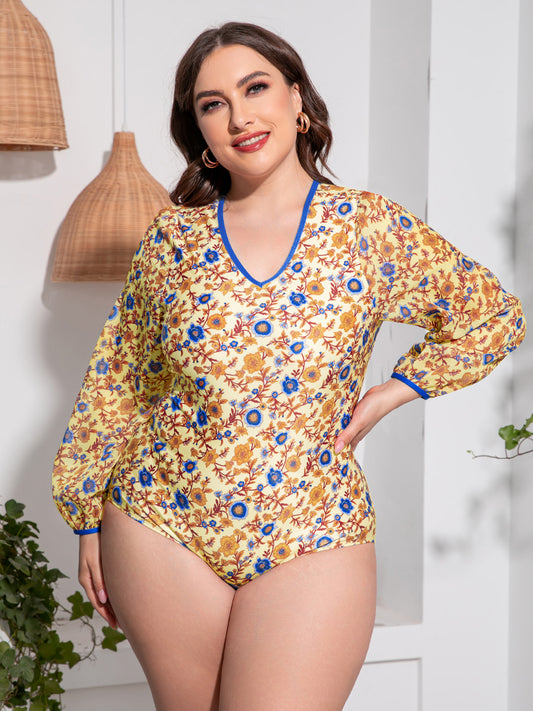 Plus Size Floral Open Back Long Sleeve One-Piece Swimsuit - Kawaii Stop - Beach Beauty, Beach Ready, Chic Poolwear, Confidence Booster, Fashionable Beachwear, Floral Print, One Piece Swimsuit, One Piece Swimsuits, Open Back Swimsuit, Plus Size Swimwear, Roman, Ship From Overseas, Summer Essentials, Swimwear Collection, Trendy Swimwear, V-Neck