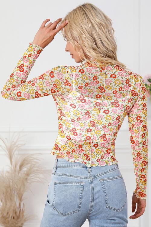 Floral Mock Neck Long Sleeve Blouse - Kawaii Stop - Blouses, Ship From Overseas, SYNZ
