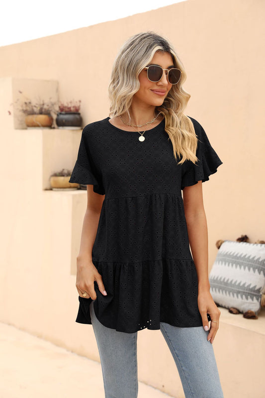 Openwork Round Neck Flounce Sleeve Blouse - Kawaii Stop - Blouse, Blouses, Casual Blouse, Casual Elegance, D&Yi, Elegant Design, Flounce Sleeves, Openwork Details, Ship From Overseas, Shipping Delay 09/29/2023 - 10/04/2023, Stretchy Material, Women's Clothing, Women's Fashion