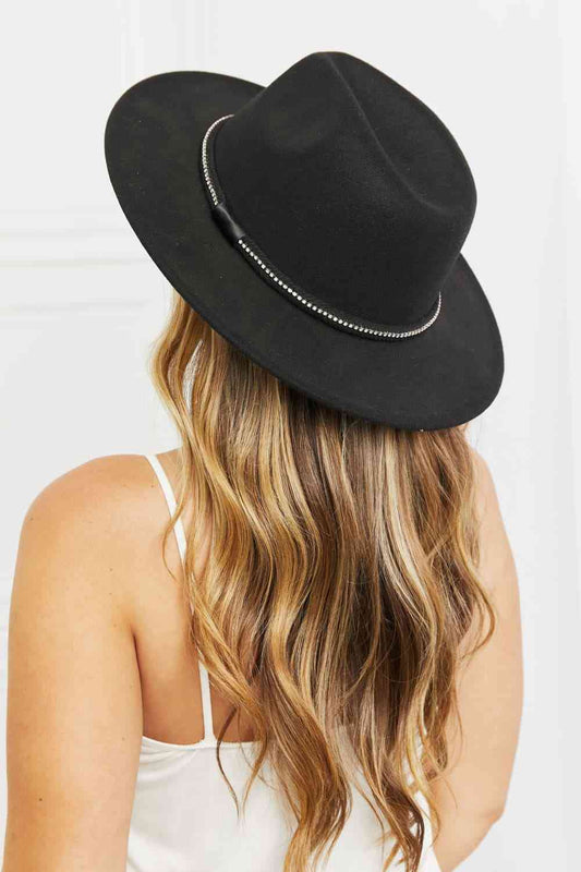 Bring It Back Fedora Hat - Kawaii Stop - Classic and Glamorous, Fame Accessories, Fedora Hat, Imported Quality, Polyester Material, Rhinestone Detailing, Ship from USA, Solid Color, Versatile Elegance, Wide Brim